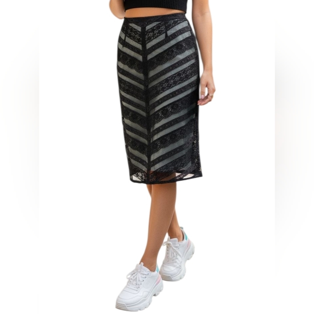 Vintage Y2k 90s Black and Baby Blue Lace Striped Skirt - Picture 8 of 8